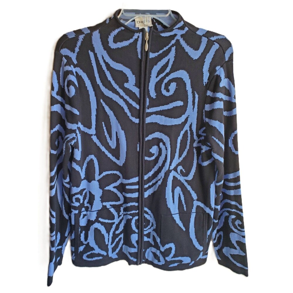 Chicos Full Zip Sweater Black Blue Abstract Artsy Print Long Sleeve Silk Blend 8